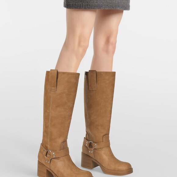 Women's Faux Leather Knee High Riding Boots Wide Calf Block Heel Zipper - Picture 4 of 7